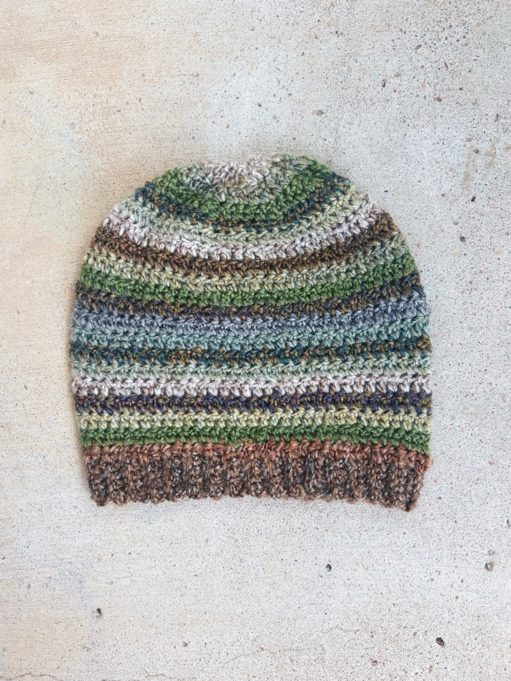 Handmade Crocheted Striped Beanie in Green, Brown, and Grey